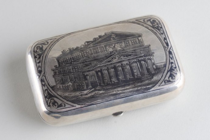 Портсигар с черневым узором. Большой театр. Серебро 84 пр. Российская империя, XIX в.