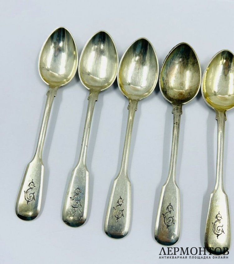 Набор кофейных ложек на 6 персон. Серебро 84 пробы, И. Хлебников, Россия, 1908–1917 годы