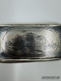 Табакерка с дворянской усадьбой. Серебро 84 пробы, чернь, Д. Петров, Россия, 1879 год