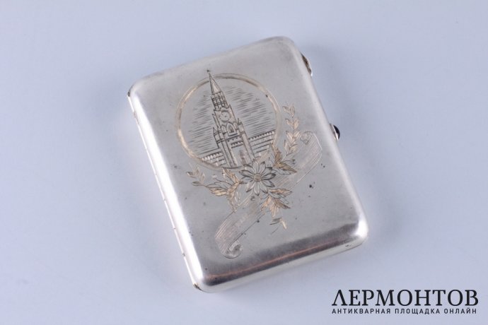 Портсигар. Спасская башня. Артель Московский ювелир. Серебро 875 пробы. СССР, 1955 г.