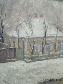 Картина «Зима в деревне». Оргалит, масло, Б. Е. Владимирский, Россия, начало 20 века