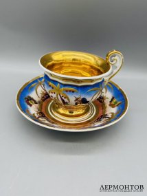 Чайная пара в стиле шинуазри. Фарфор, роспись, золочение, завод Батенина, Россия, 1830-е годы
