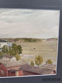 Картина «Крепость на берегу озера». Картон, акварель, Россия, 1913 год