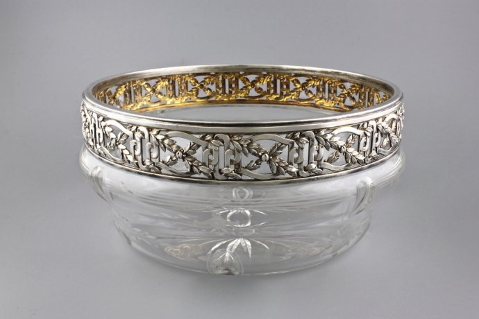 Ваза в серебряной оправе с золочением. Серебро 950 пробы, хрусталь. Франция, нач. XX в.