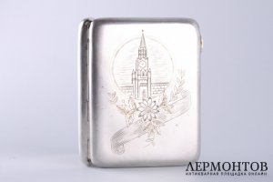 Портсигар. Спасская башня. Артель Московский ювелир. Серебро 875 пробы. СССР, 1955 г.