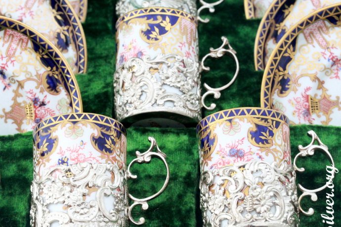 Кофейный сервиз Royal Crown Derby. Фарфор и серебро 925 пробы. Англия. Антиквариат