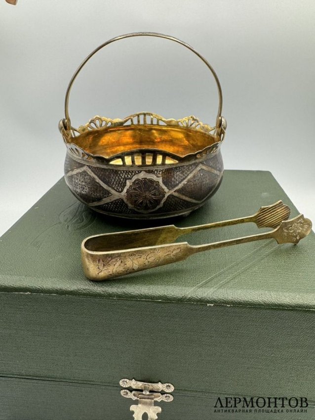 Сахарница и щипцы для сахара. Серебро 875 пробы, золочение, СССР, 2-я половина 20 века