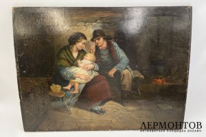 Картина Семейная сцена. Германия, середина 19 века, художник T. R. H. Дерево, масло.
