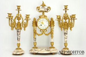 Каминный гарнитур - часы и канделябры. Бронза, мрамор. Франция, 1870-80е гг.