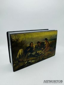 Лаковая шкатулка «Охотники на привале» по В. Перову. Папье-маше, роспись, Мстёра, художник Гурьянов, СССР, 1956 год