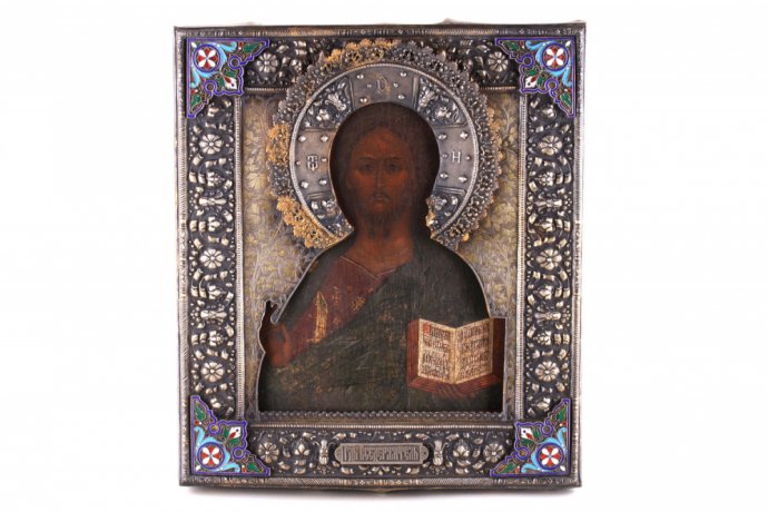 Икона. Господь Вседержитель в окладе. Серебро 84 пр., эмаль, золочение. Россия, XIX в