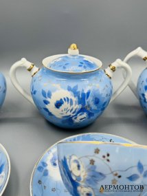 Чайный сервиз «Голубой пион» на 6 персон. Фарфор, роспись, Дулёвский завод, СССР, 1956 год