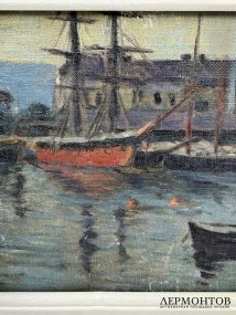 Картина «На причале». Оргалит, масло, предположительно Россия, 20 век