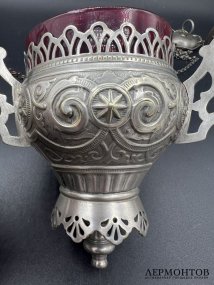 Подвесная лампада с малиновым стеклом. Металл, серебрение, братья Хеннеберг, Россия, 