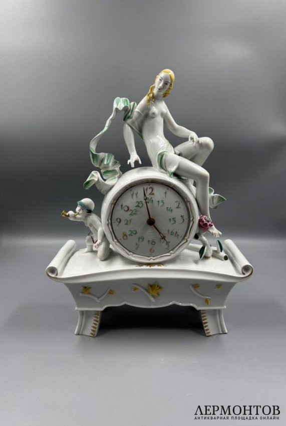 Каминные часы с девушкой и путти. Фарфор, роспись, Rosenthal, Германия, начало 20 века
